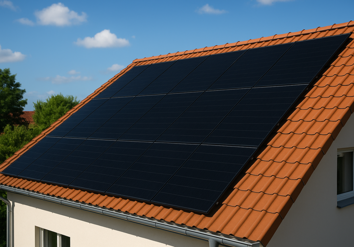 Dach mit Solarpanelen und blauen Himmel mit vereinzelten Wolken.