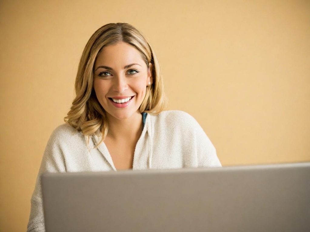 Junge Frau mit blonden Haaren lächelt am Laptop vor einer beige Wand.