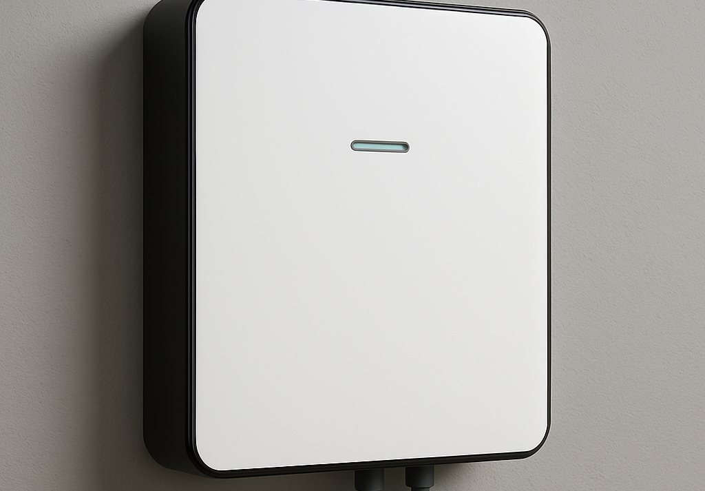 Weißer Batteriespeicher mit schwarzem Rahmen und einem schmalen Lichtindikator.